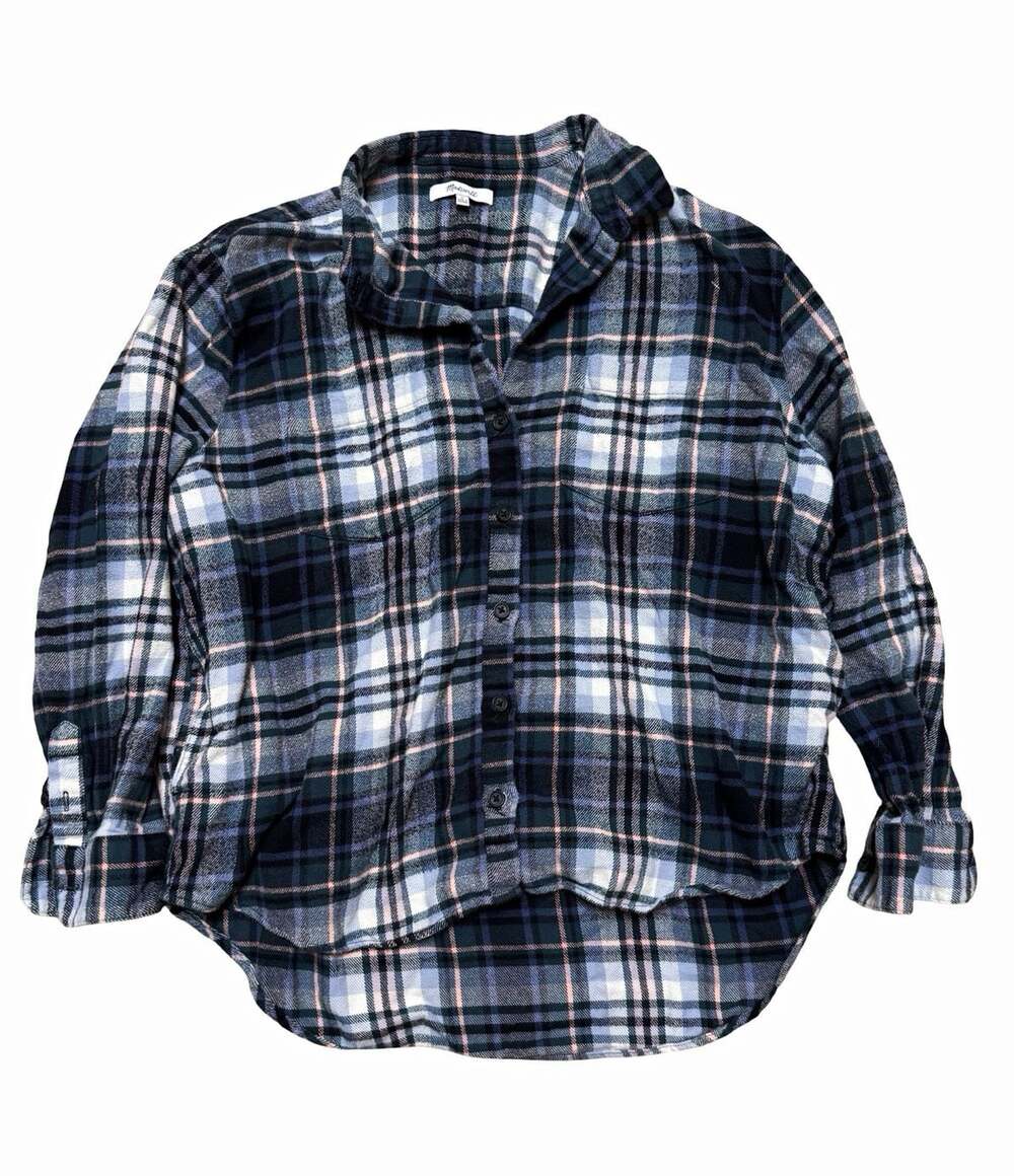 Madewell Flannel Shirt Men’s L Regular Plaid Blue White Gray Cotton Button